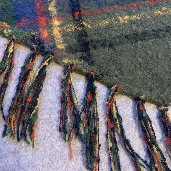 Free People Fall Winter Scarf, Green Blue Plaid Tartan, Boho Shawl With Fringe - Picture 9 of 11